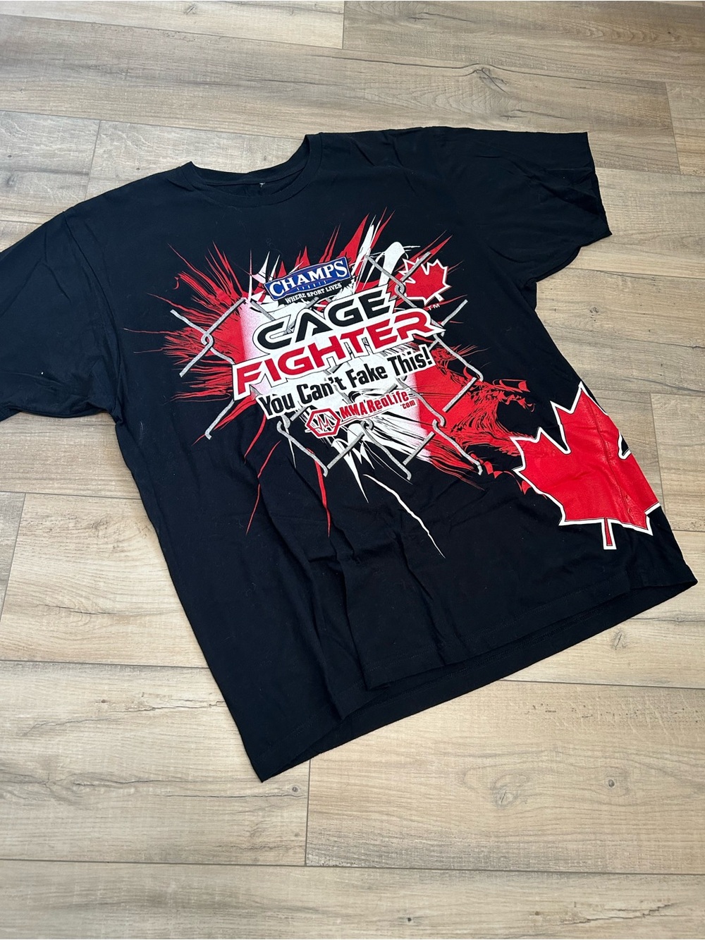 UFC Black Tee with Red and White Cage Fighter Graphic